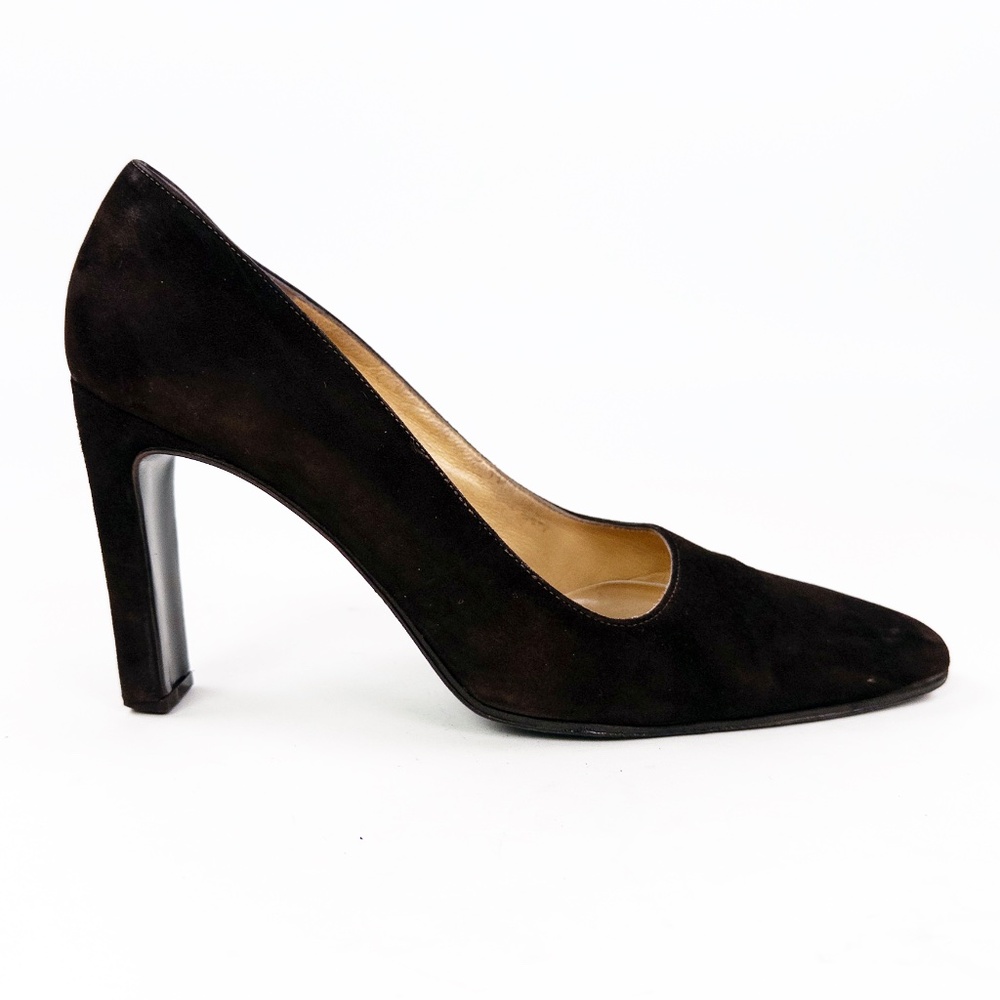 90's Dk Brown Suede Italian Minimalist Pumps Square Toe Heels Ellen Tracy Sz 8.5 - Picture 5 of 8